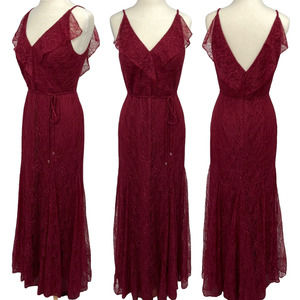 Jenny Yoo Formal Lace Gown Faux Wrap Ruffled Strappy Maxi Dress Wine Womens10